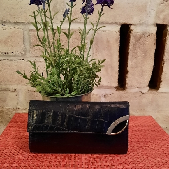 Prune Black Leather Tri-fold Wallet Argentinian Crocodile Leather - Picture 1 of 12